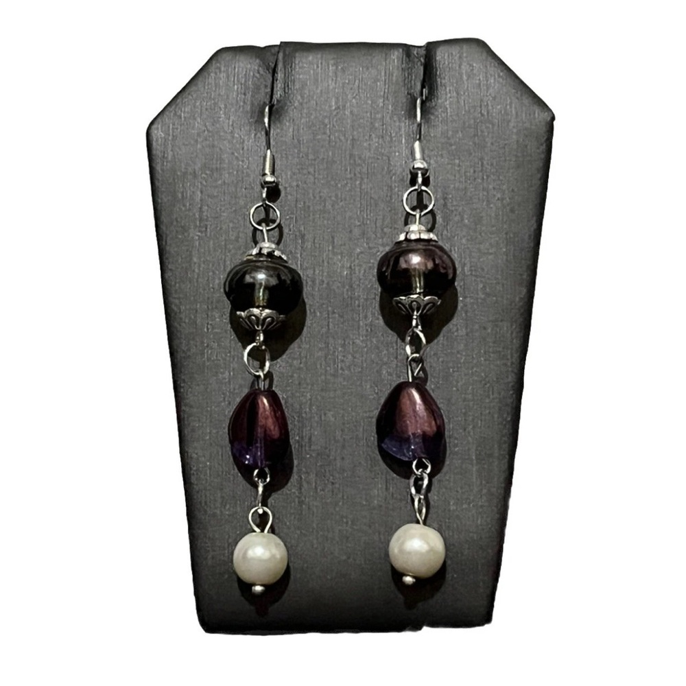Beaded Earrings With Pearls And Silver Plated Hook Closure Handmade